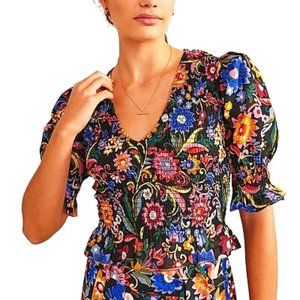 Boden Floral Smocked Bodice Crop Top In Black Gardenia Size 8 NWT